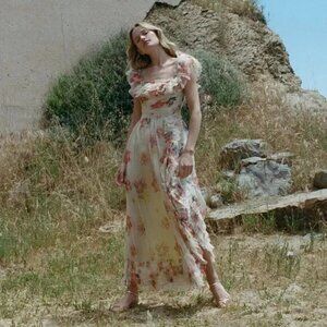 NWT Doen Ernestine in Sweet Gardenia Floral Ruffled Silk Organza Maxi Dress L